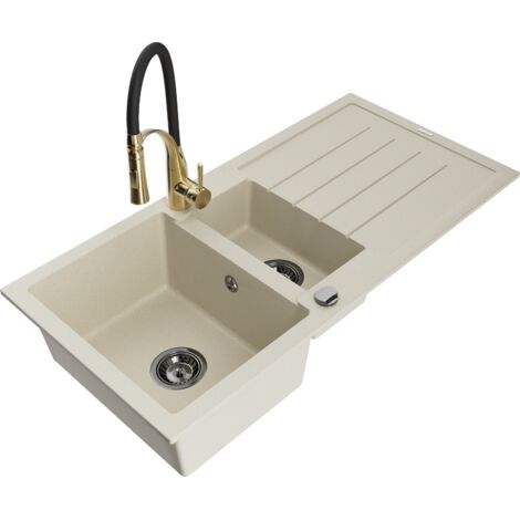 Mexen Andres lavello in granito 1,5 vasche con scolapiatti e rubinetto da cucina Aster, beige - 6515-69-73450-57-B