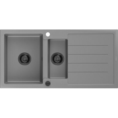 Mexen Andres lavello in granito 1,5 vasche con sgocciolatoio 1000 x 500 mm, grigio, sifone nero - 6515101510-71-B