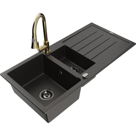 Mexen Andres lavello in granito a 1,5 vasche con gocciolatoio e rubinetto da cucina Elia, nero/oro metallizzato