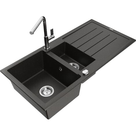 Mexen Andres lavello in granito a 1,5 vasche con scolapiatti e rubinetto da cucina Flora, nero/oro metallizzato