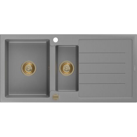 Mexen Andres lavello in granito a 1,5 vasche con sgocciolatoio 1000 x 500 mm, grigio, sifone dorato - 6515101510-71-G