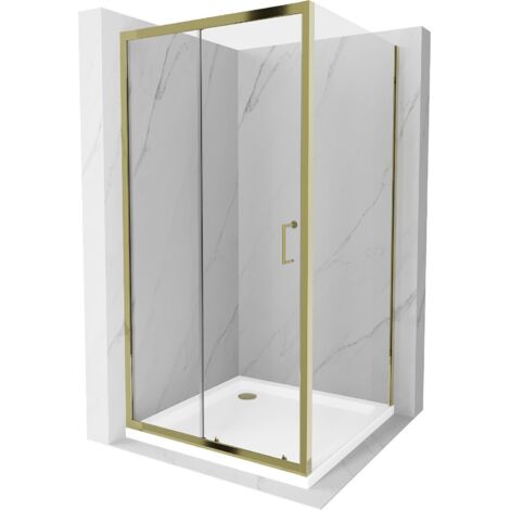 Mexen Apia ausziehbare Duschabtrennung 100 x 100 cm, Transparent, Gold + Duschwanne Flat, Weiß- 840-