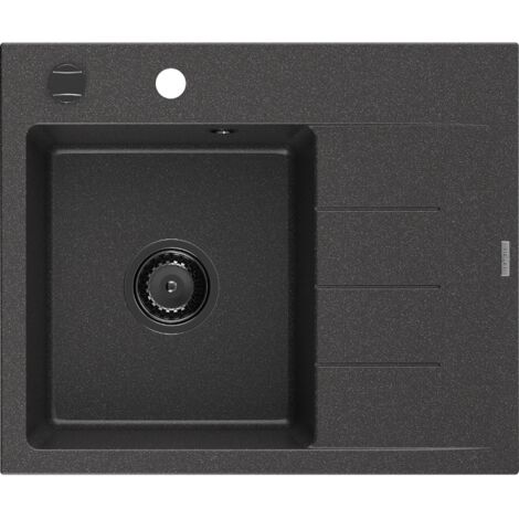 Mexen Ben évier granit 1 bac avec égouttoir gauche 600 x 500 mm, noir moucheté, siphon noir - 6522605000-76-B