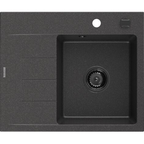 Mexen Ben évier granitique 1 bac avec égouttoir droit 600 x 500 mm, noir moucheté, siphon noir - 6523605000-76-B