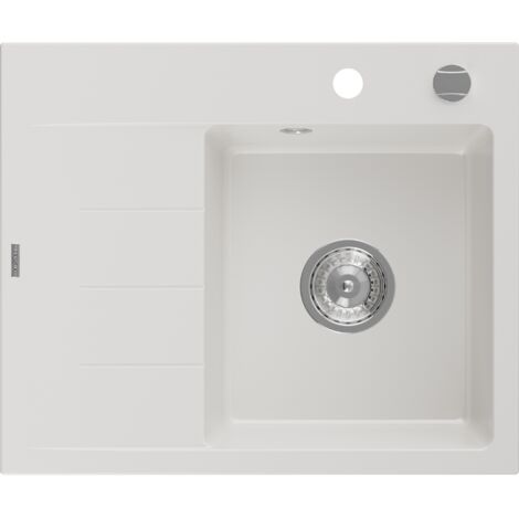 Mexen Ben fregadero de cocina de granito de 1 cubeta con escurridor derecho 600 x 500 mm, blanco, sif贸n cromo - 6523605000-20