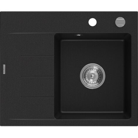 Mexen Ben lavello da cucina in granito 1-vasca con gocciolatoio destro 600 x 500 mm, nero, sifone cromato - 6523605000-77