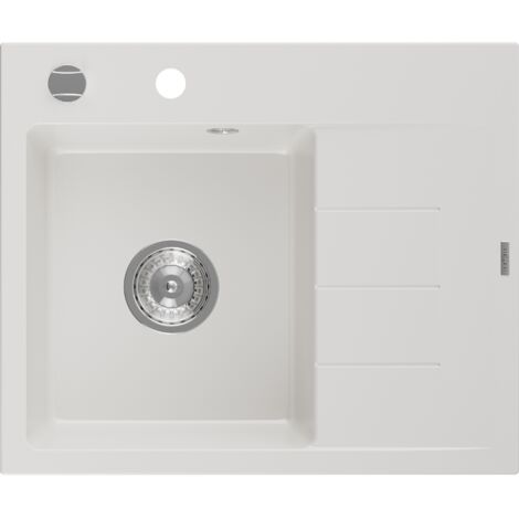 Mexen Ben lavello da cucina in granito 1 vasca con gocciolatoio sinistro 600 x 500 mm, bianco, sifone cromato - 6522605000-20