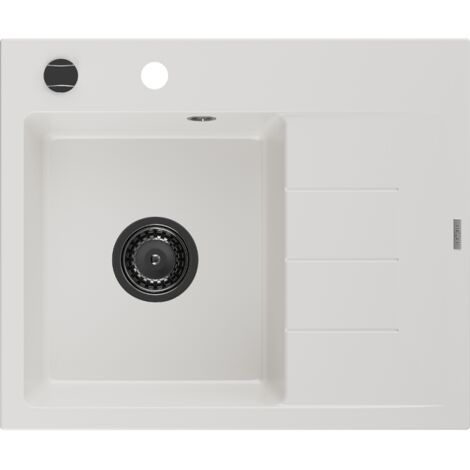Mexen Ben lavello da cucina in granito 1-vasca con sgocciolatoio a sinistra 600 x 500 mm, bianco, sifone nero - 6522605000-20-B