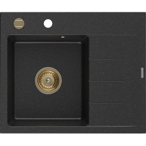 Mexen Ben lavello in granito 1 vaschetta con scolapiatti a sinistra 600 x 500 mm, nero/argento metallizzato, sifone dorato - 652