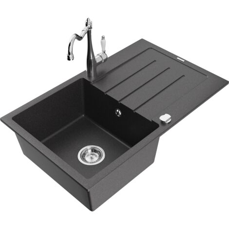 Mexen Bruno 1 Becken-Granitspüle mit Abtropffläche und Mischbatterie Carla, Schwarz gesprenkelt - 6513-76-670700-00