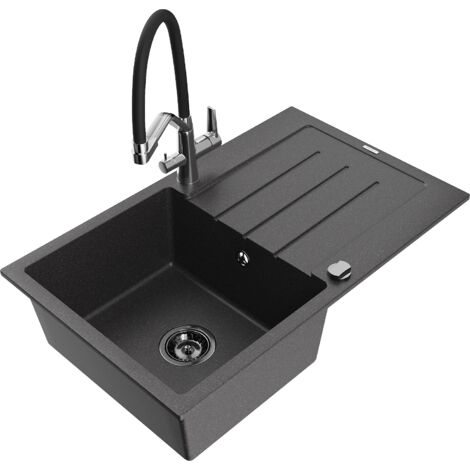 Mexen Bruno 1 Becken-Granitspüle mit Abtropffläche und Mischbatterie Duo, Schwarz gesprenkelt - 6513