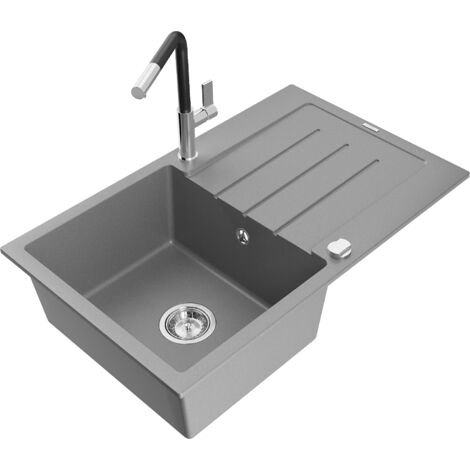 Mexen Bruno 1 Becken-Granitspüle mit Abtropffläche und Mischbatterie Flora, Grau - 6513-71-670401-07