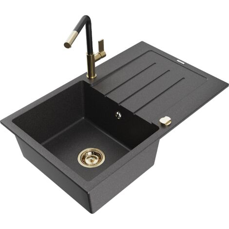 Mexen Bruno 1 Becken-Granitspüle mit Abtropffläche und Mischbatterie Flora, Schwarz gesprenkelt - 65