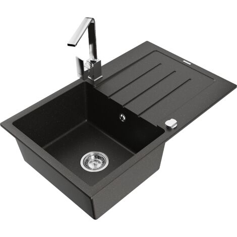 Mexen Bruno 1 Becken-Granitspüle mit Abtropffläche und Mischbatterie Rita, Schwarz/Gold metallisch -