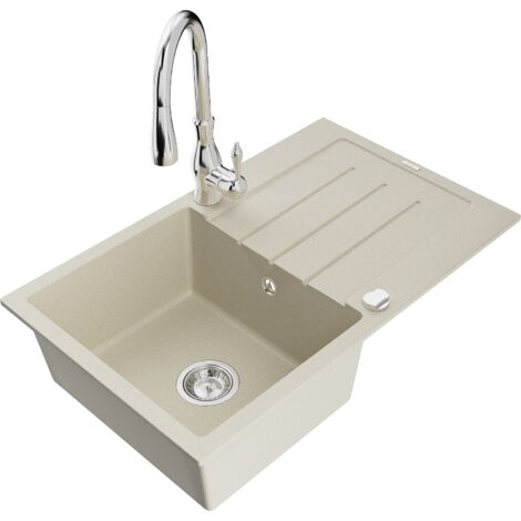 Mexen Bruno 1 Becken-Granitspüle mit Abtropffläche und Mischbatterie Savita, Beige - 6513-69-672601-
