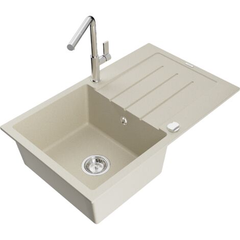 Mexen Bruno évier en granit 1-bac avec égouttoir et robinet de cuisine Flora, beige - 6513-69-670401-00