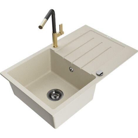 Mexen Bruno évier en granit 1 bac avec égouttoir et robinet de cuisine Flora, beige - 6513-69-670401-57-B