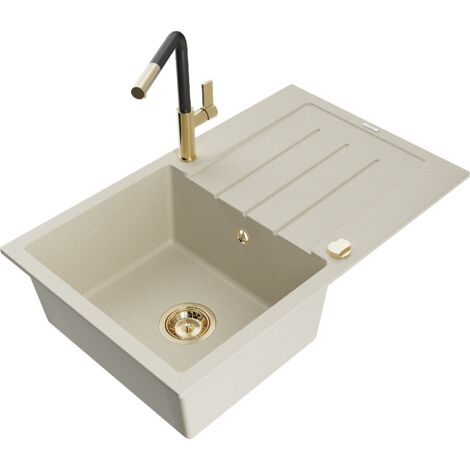 Mexen Bruno évier en granit 1 bac avec égouttoir et robinet de cuisine Flora, beige - 6513-69-670401-57-G