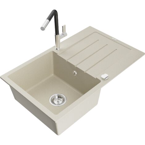 Mexen Bruno fregadero de granito 1-cubeta con escurridor y grifo de cocina Flora, beige - 6513-69-670401-07