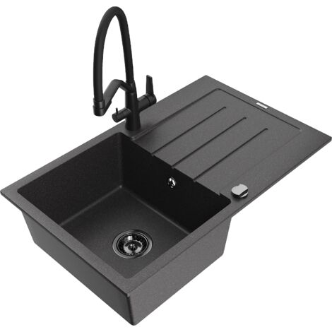 Mexen Bruno fregadero de granito de 1 compartimento con escurridor y grifo de cocina Duo, negro moteado - 6513-76-671701-70-B