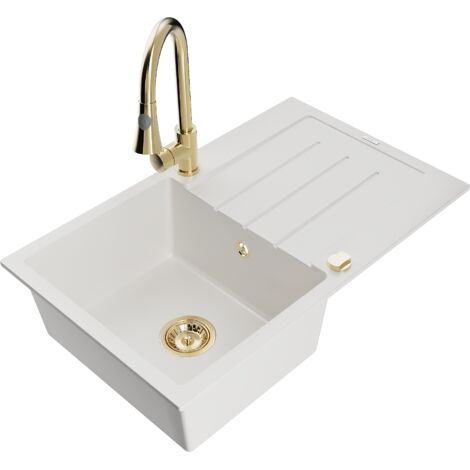 Mexen Bruno fregadero de granito de 1 compartimento con escurridor y grifo de cocina Elia, blanco - 6513-20-670101-50