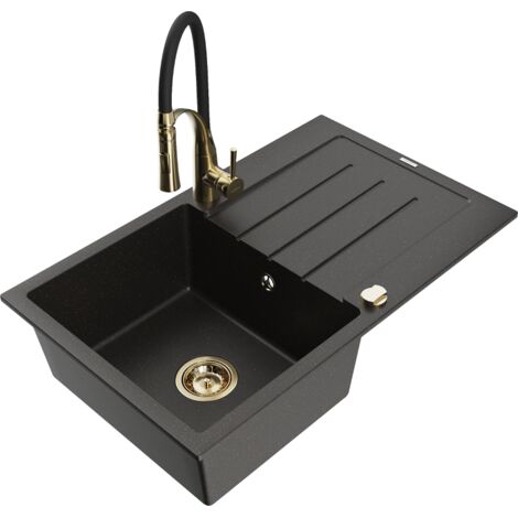 Mexen Bruno fregadero de granito de 1 cubeta con escurridor y grifo de cocina Aster, negro/oro met谩lico - 6513-75-73450-57-G