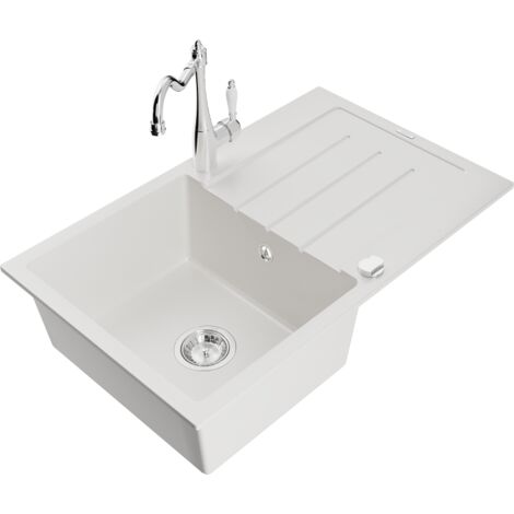Mexen Bruno fregadero de granito de 1 cubeta con escurridor y grifo de cocina Carla, blanco - 6513-20-670700-00