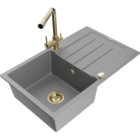 Mexen Bruno fregadero de granito de 1 cubeta con escurridor y grifo de cocina Duero, gris - 6513-71-671600-50