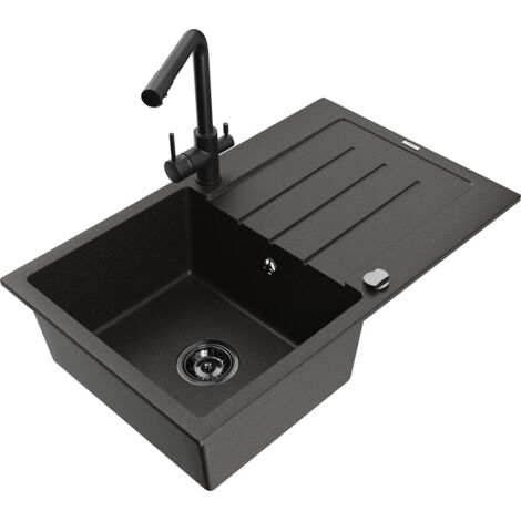 Mexen Bruno fregadero de granito de 1 cubeta con escurridor y grifo de cocina Duero, negro/oro met谩lico - 6513-75-671600-70-B