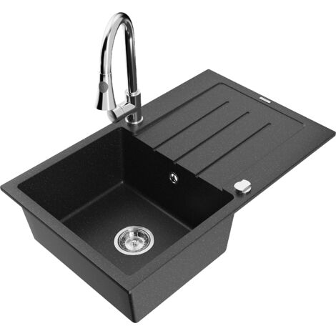Mexen Bruno fregadero de granito de 1 cubeta con escurridor y grifo de cocina Elia, negro/plata met谩lica - 6513-73-670101-00