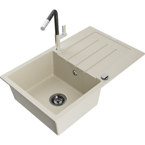 Mexen Bruno fregadero de granito de 1 cubeta con escurridor y grifo de cocina Flora, beige - 6513-69-670401-07-B