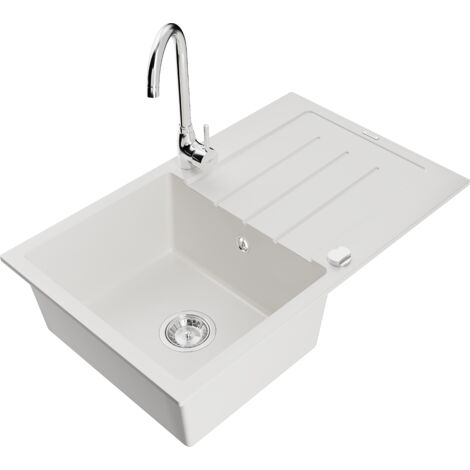 Mexen Bruno fregadero de granito de 1 cubeta con escurridor y grifo de cocina Telma, blanco - 6513-20-670200-00
