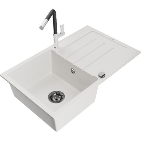 Mexen Bruno fregadero de granito de 1 seno con escurridor y grifo de cocina Flora, blanco - 6513-20-670401-07-B