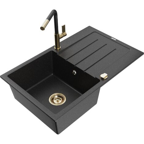 Mexen Bruno fregadero de granito de 1 seno con escurridor y grifo de cocina Flora, negro/plateado met谩lico