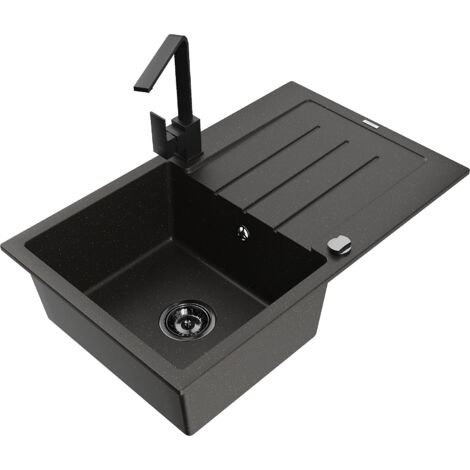 Mexen Bruno fregadero de granito de 1 seno con escurridor y grifo de cocina Rita, negro/oro met谩lico - 6513-75-670300-70-B