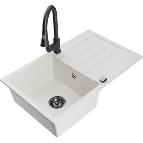 Mexen Bruno fregadero de granito de 1 taz贸n con escurridor y grifo de cocina Elia, blanco - 6513-20-670101-70