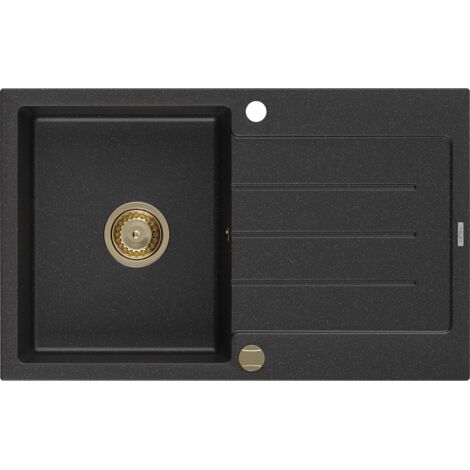 Mexen Bruno fregadero de granito de un seno con escurridor 795 x 495 mm, negro/plateado met谩lico, sif贸n dorado