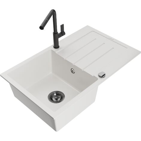 Mexen Bruno fregadero de granito de un seno con escurridor y grifo de cocina Flora, blanco - 6513-20-670401-70-B