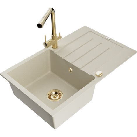 Mexen Bruno lavello da cucina in granito 1-vasca con scolapiatti e rubinetto Duero, beige - 6513-69-671600-50