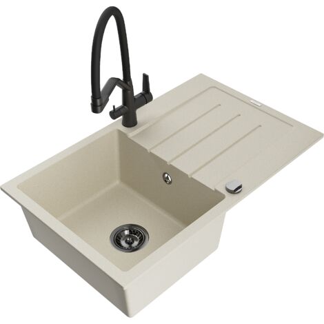 Mexen Bruno lavello da cucina in granito a 1 vasca con scolapiatti e rubinetto Duo, beige - 6513-69-671701-70-B