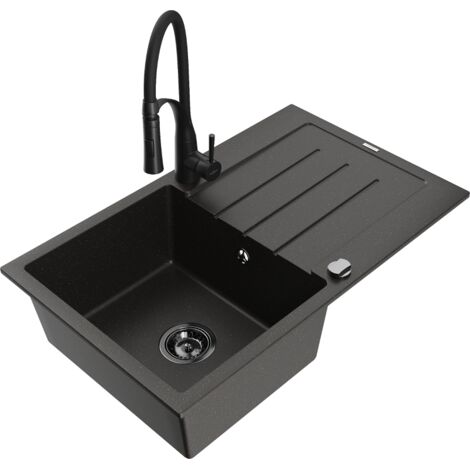 Mexen Bruno lavello da cucina in granito a 1 vasca con sgocciolatoio e rubinetto Aster, nero/oro metallizzato