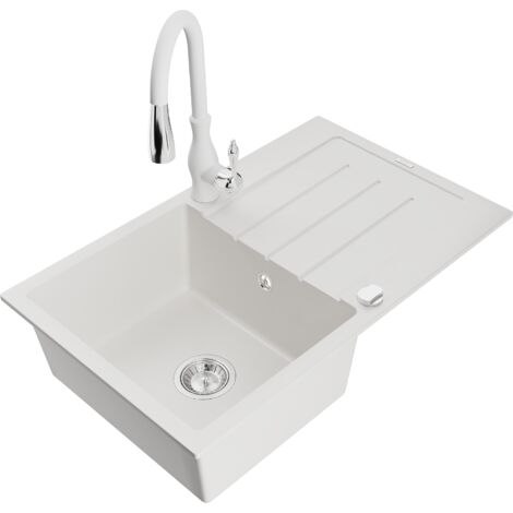 Mexen Bruno lavello da cucina in granito con 1 vasca, scolapiatti e rubinetto Savita, bianco - 6513-20-672601-20