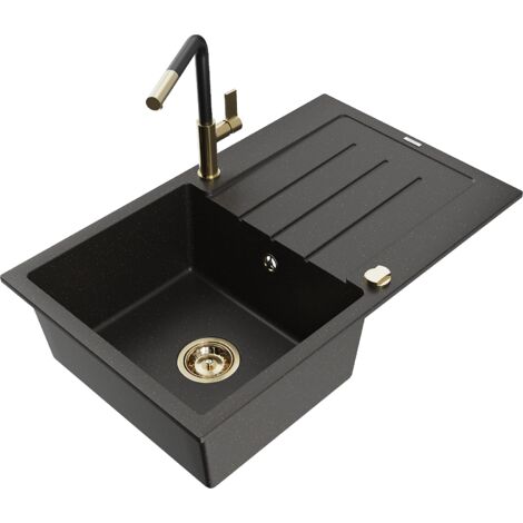 Mexen Bruno lavello in granito 1 vasca con scolapiatti e rubinetto da cucina Flora, nero/oro metallizzato - 6513-75-670401-57-G