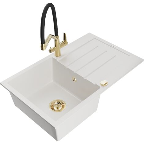 Mexen Bruno lavello in granito a 1 vasca con gocciolatoio e miscelatore cucina Duo, bianco - 6513-20-671701-57-G