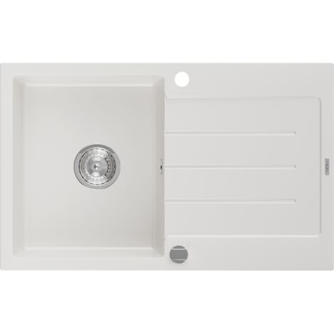 Mexen Bruno lavello in granito a 1 vasca con scolapiatti 795 x 495 mm, bianco, sifone cromato - 6513791010-20