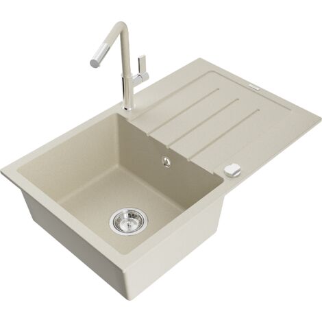 Mexen Bruno lavello in granito a 1 vasca con scolapiatti e rubinetto da cucina Flora, beige - 6513-69-670401-09