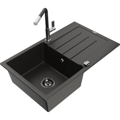 Mexen Bruno lavello in granito a 1 vasca con scolapiatti e rubinetto da cucina Flora, nero/oro metallizzato