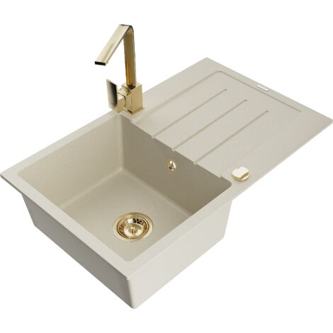 Mexen Bruno lavello in granito a 1 vasca con scolapiatti e rubinetto da cucina Rita, beige - 6513-69-670300-50