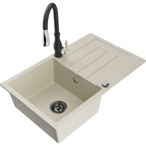 Mexen Bruno lavello in granito a 1 vasca con sgocciolatoio e rubinetto da cucina Savita, beige - 6513-69-672601-70