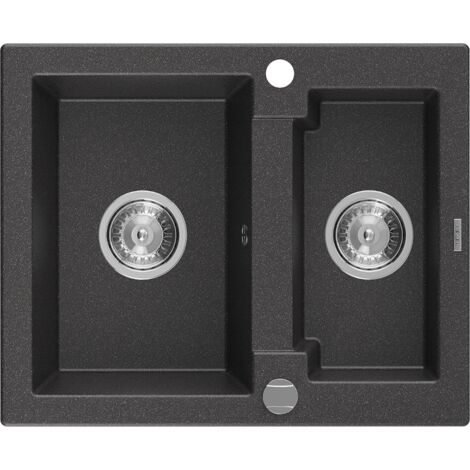Mexen Carlos 1,5-Becken-Granitspüle 582 x 475 mm, Schwarz gesprenkelt, Siphon chrom - 6518581500-76